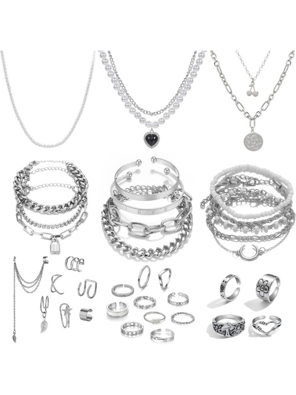 36 PCS Silver Plated Jewelry Set - Necklaces, Bracelets, Earrings & Rings Gift